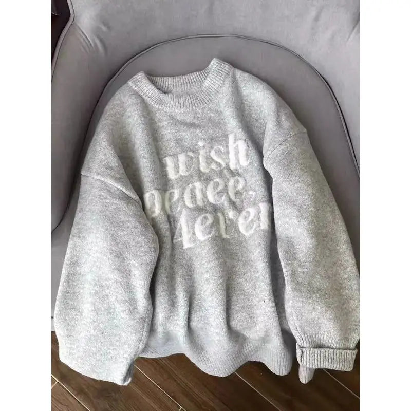American Retro Pullover Sweater Letter Jacquard Gray Top Women Autumn Winter Round Neck Casual Simple Knitted Top - ATFH