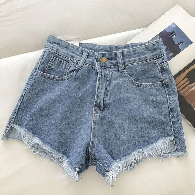 New Summer Women High Wiast Raw Hem Denim Shorts Soild White Black Blue Korean Wide Leg Pants Mon Shorts DURIKIES ATFH