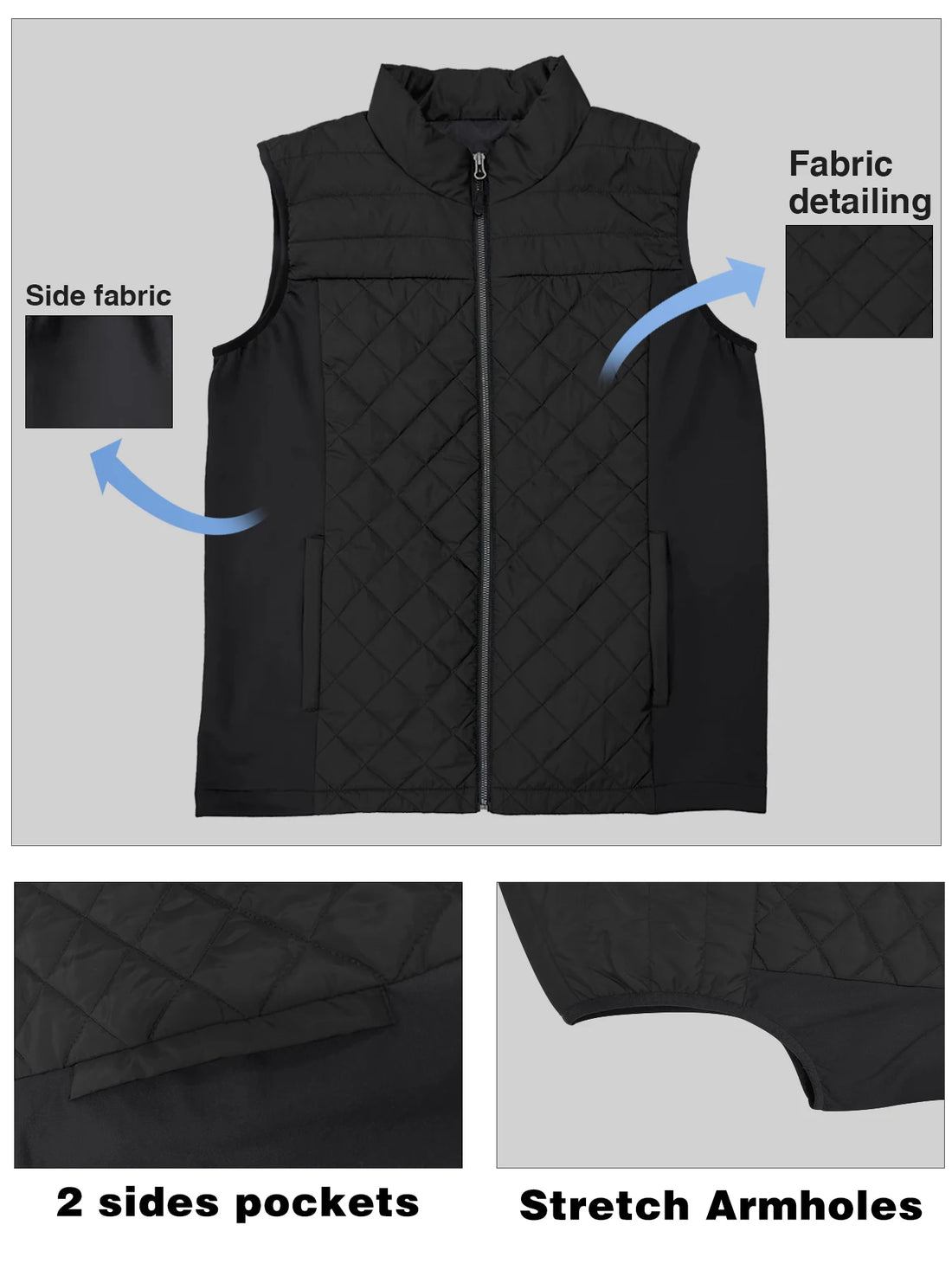 Mens Vest Tops Sleeveless Quilted Outerwear Jackets Stand Collar Zip up Lightweight Vests Spring Fall Winter Outfits