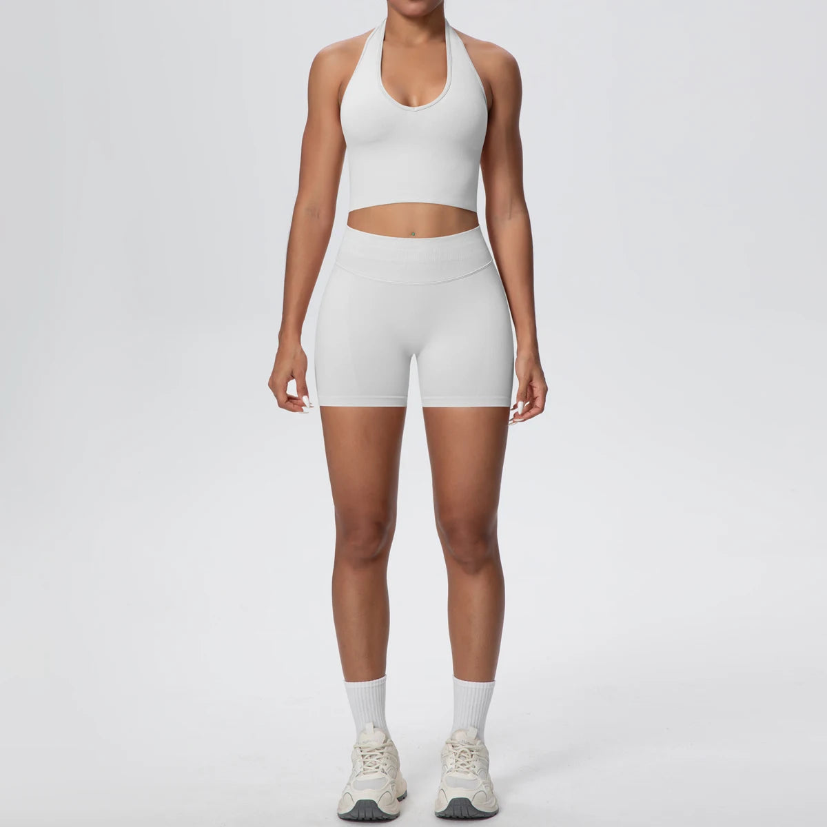 2pcs Summer Breathable Yoga Set Backless Sportswear Solid Color Sexy Neck Strap Bra Quick-Dry High Waist Shorts Yoga Set - ATFH