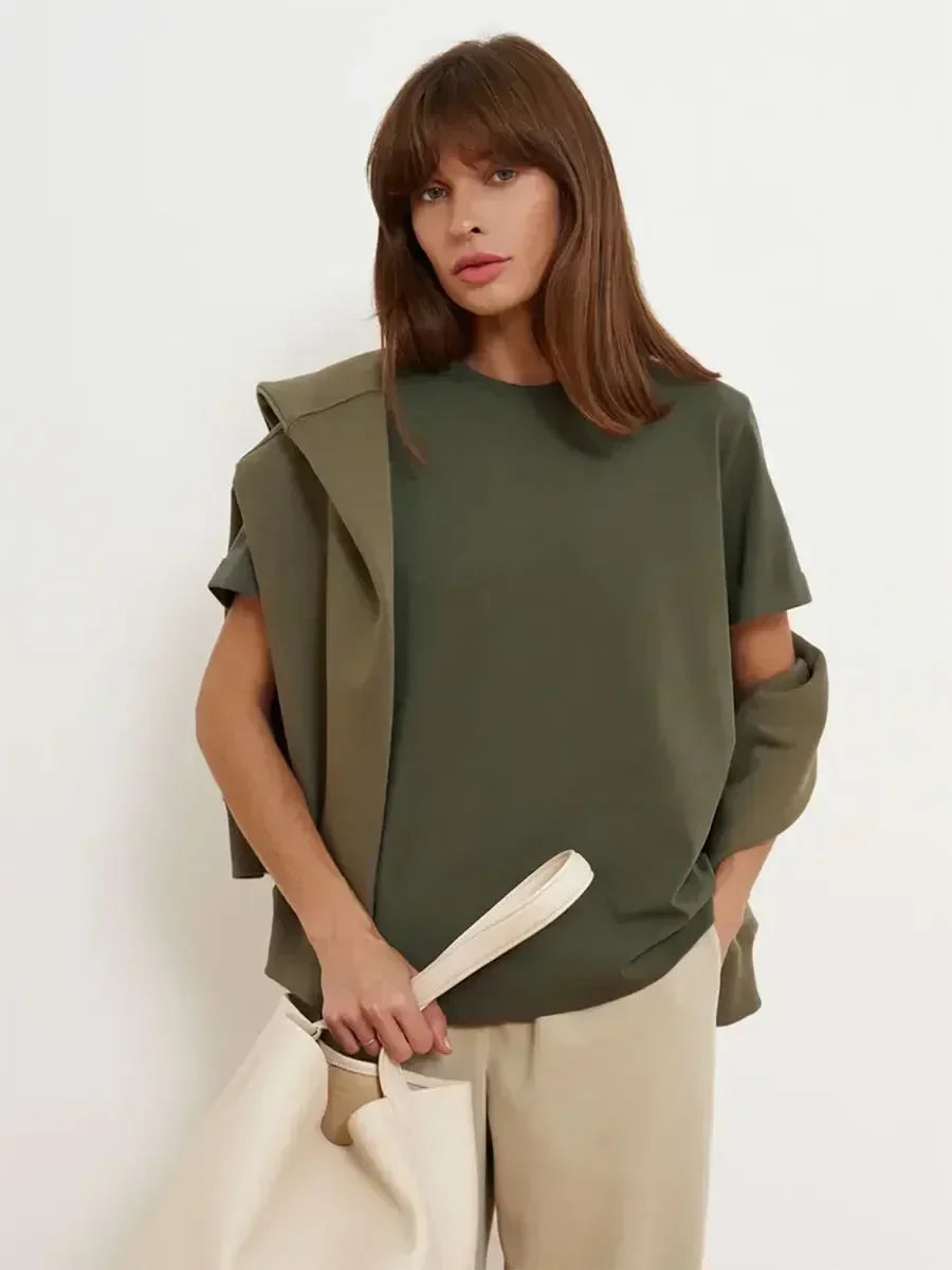 Bornladies Summer 100% Cotton Women's T-shirt Bottoming Basic Fashionable Solid Lady Short Sleeve Loose Tops Shirts 230g/㎡ Tops - ATFH