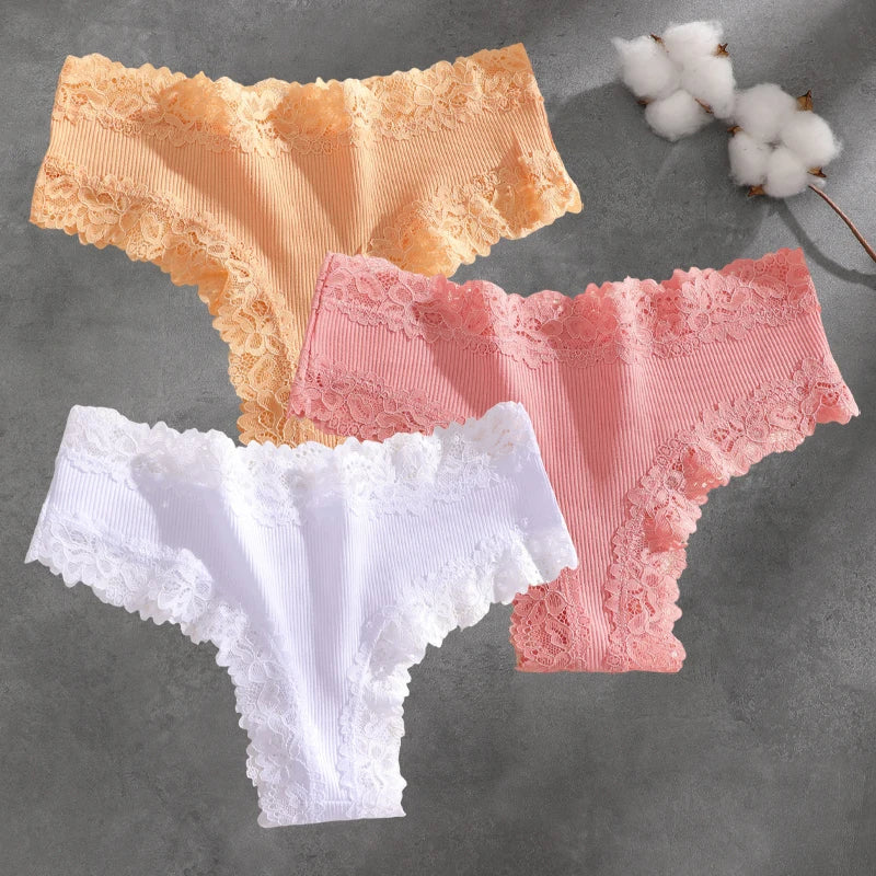 3Pcs Cotton Lace Patchwork Bikini Panties Women Seamless Floral Print Brazilian Pants Low Waist Breathable Female Sexy Lingerie