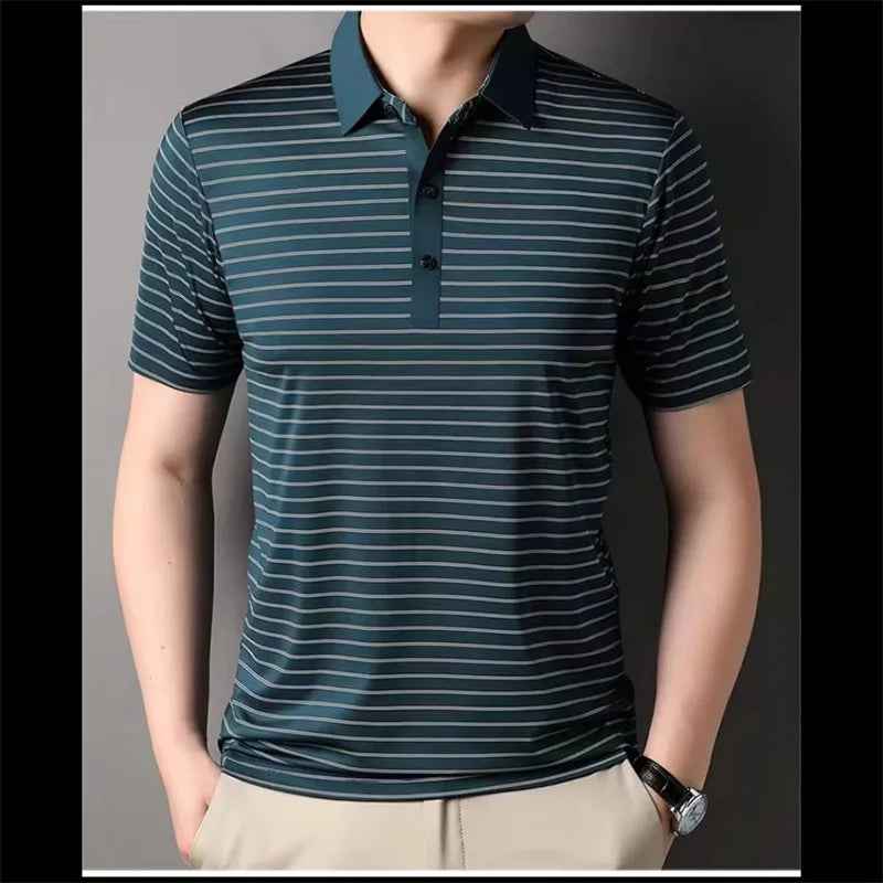 Men's Stripped Pattern Polo Shirt Summer Casual Short Sleeve Button Golf T Shirt Clothes Men's Oversized Polo Shirts Tops