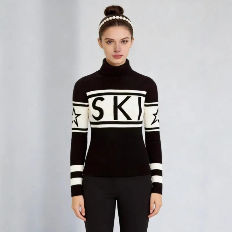 Top Sweater Women's High Neck Letter Print Color Block Slim Fit Knit Long Sleeve Pullover Comfortable Casual Fashionable Niche - ATFH