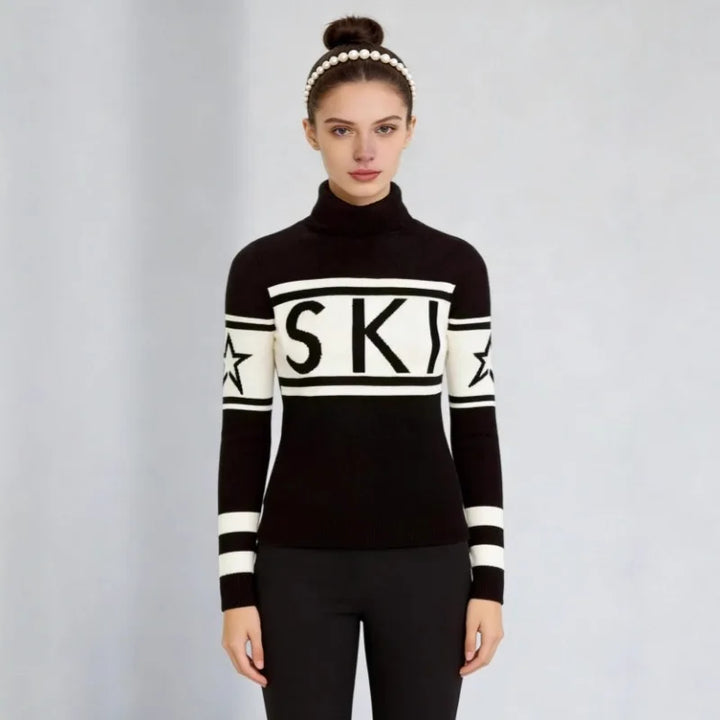 Top Sweater Women's High Neck Letter Print Color Block Slim Fit Knit Long Sleeve Pullover Comfortable Casual Fashionable Niche - ATFH