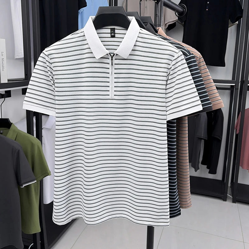 2026Summer Men's Striped Short-sleeved Lapel Zipper Polo Shirt Casual Trend Breathable Light Luxury Half-sleeved Bottoming Shirt
