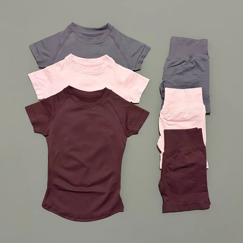 2 Pieces HISTELLO Sports Sets Short Sleeve Seamless Yoga Top Fitness Set Women Workout Running Sports Shorts Gym Suit - ATFH