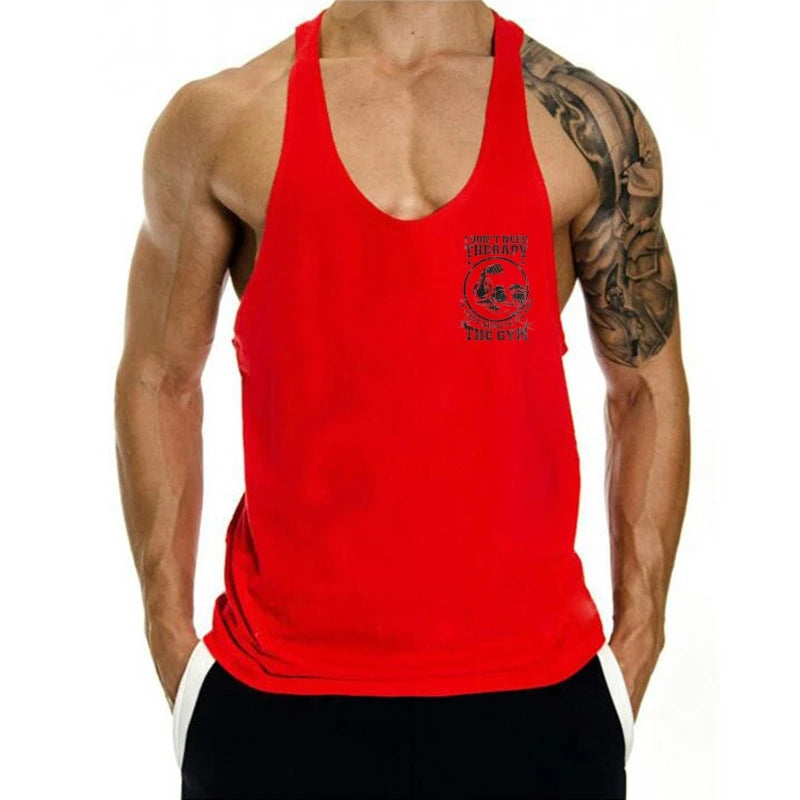Men's "I don't need therapy, just the gym" Muscle Graphics Stringer Vest-Sleeveless Fitness, Bodybuilding and Plus Size Exercise