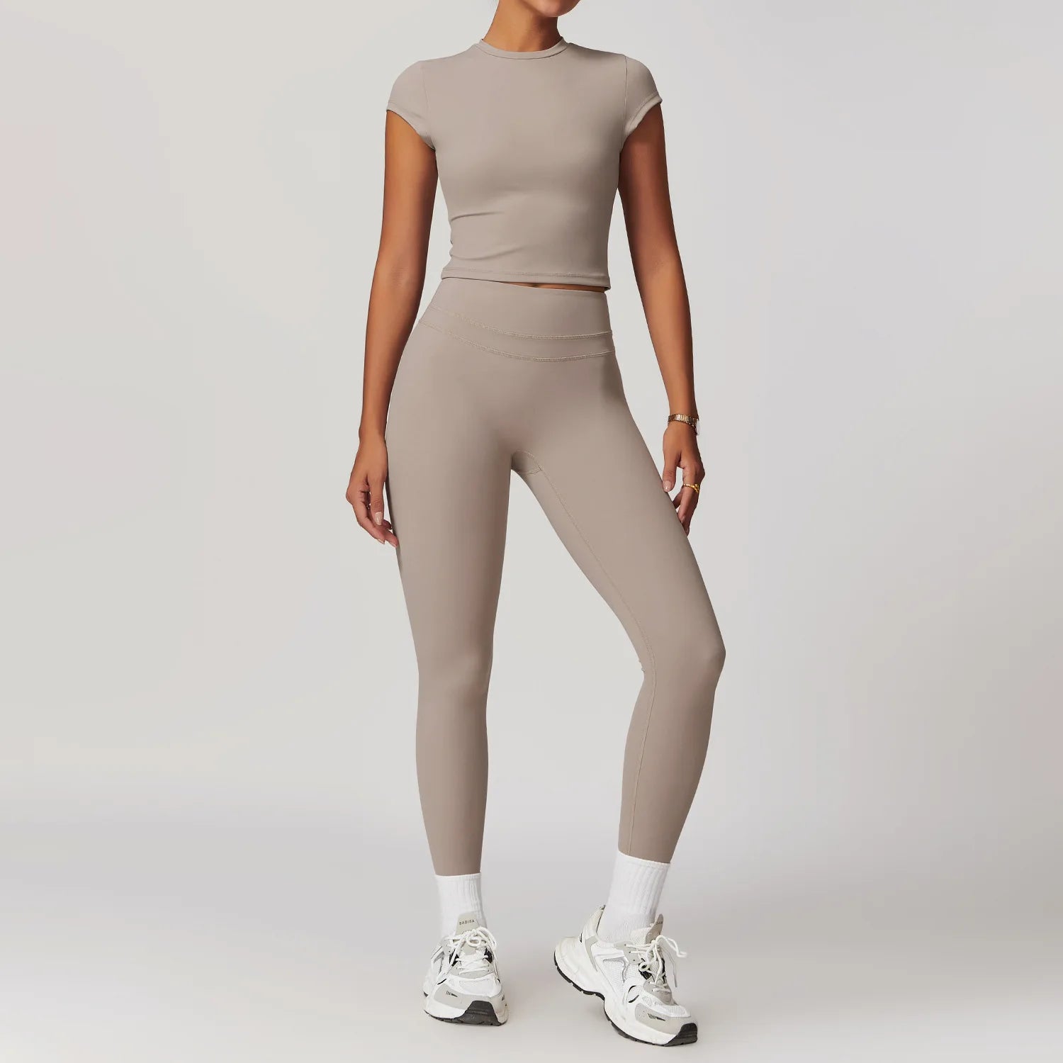 mikeyoga 2PCS Yoga Set Women Sportswear Workout Clothes Athletic Wear Gym Legging Fitness Bra Crop Top Short Sleeves Sports Suit - ATFH