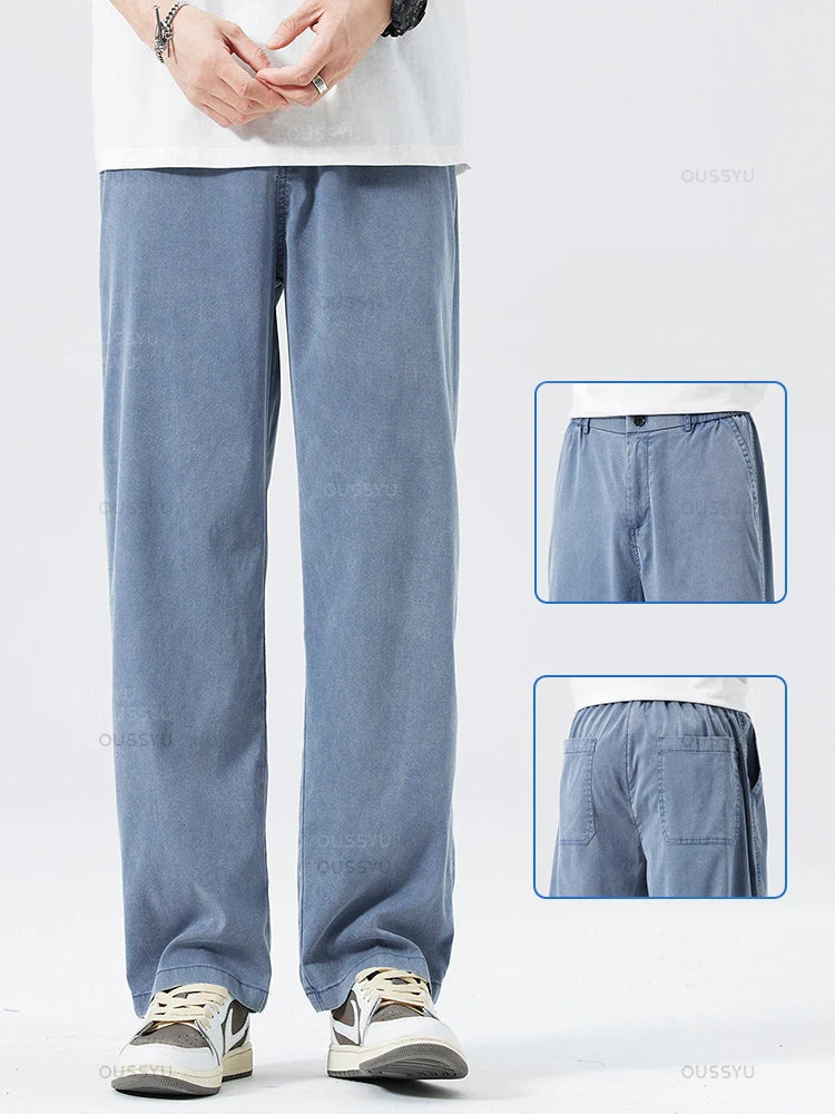 Summer Ultrathin Soft Lyocell Fabric Men's Jeans Breathe Loose Straight Pants Elastic Waist Korea Casual Trouser Plus Size M-5XL ATFH
