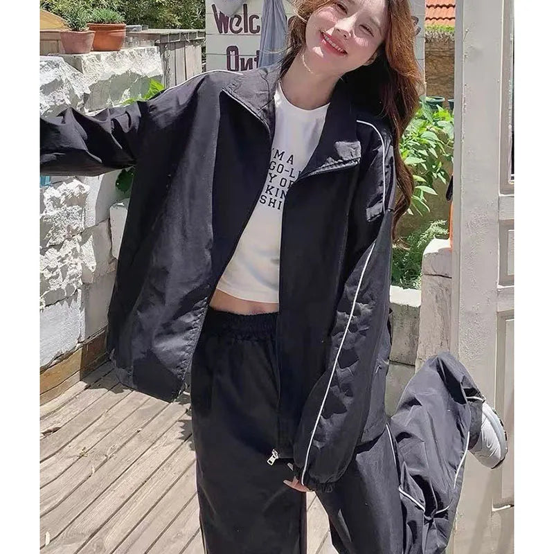 Black Tracksuit Sets Women Spring Autumn Casual Loose Black Sports Suit Female Zipper Jacket + Wide Leg Pants Two-piece Outfits