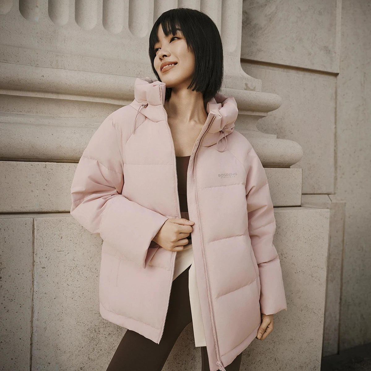 Bosideng Womens Raglan Sleeve Short Down Jacket With Knitted Cuffs Drawstring Hood And Fleece Pockets Winter Warm Fashion Coat