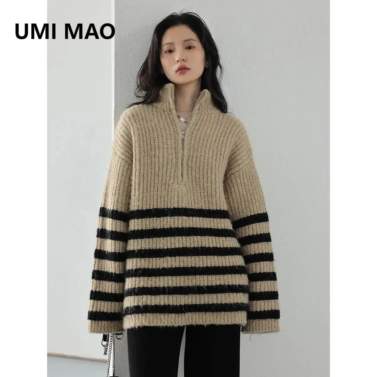 UMI MAO Women's Sweaters Turtleneck Zipper Contrast Stripe Jumpers Thickened Pullovers Warm Female Coat Autumn Winter - ATFH