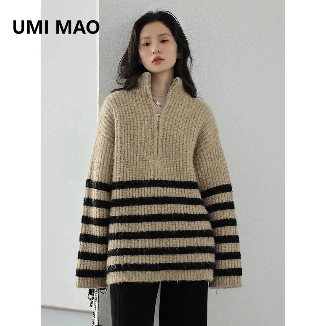 UMI MAO Women's Sweaters Turtleneck Zipper Contrast Stripe Jumpers Thickened Pullovers Warm Female Coat Autumn Winter - ATFH