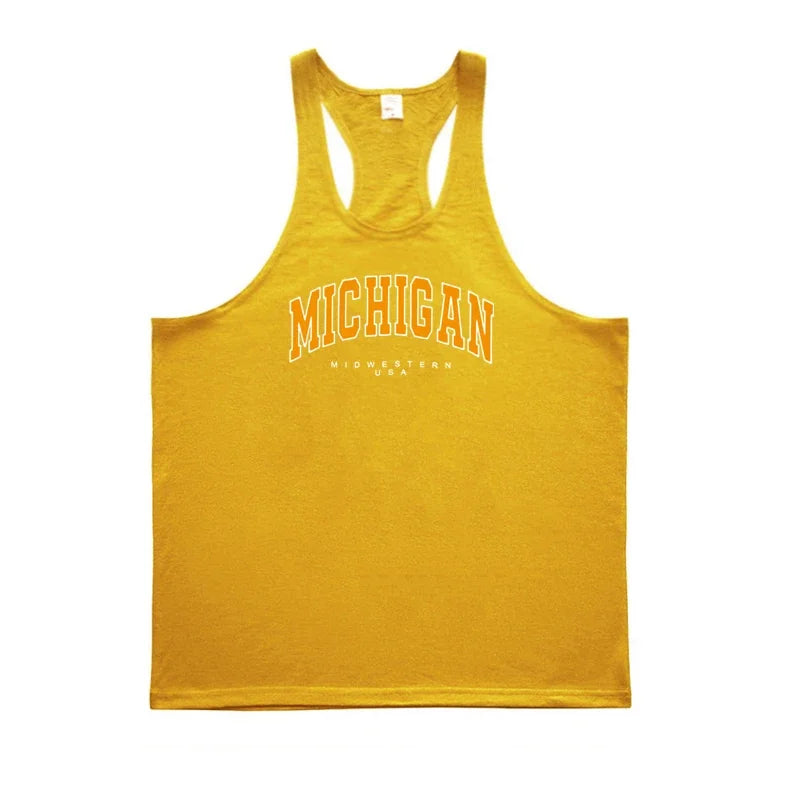 Michigan Midwestern USA Print Sport Tank Tops Mens Fitness Y-Back Cotton Sleeveless Shirt Gym Bodybuilding Muscle Stringer