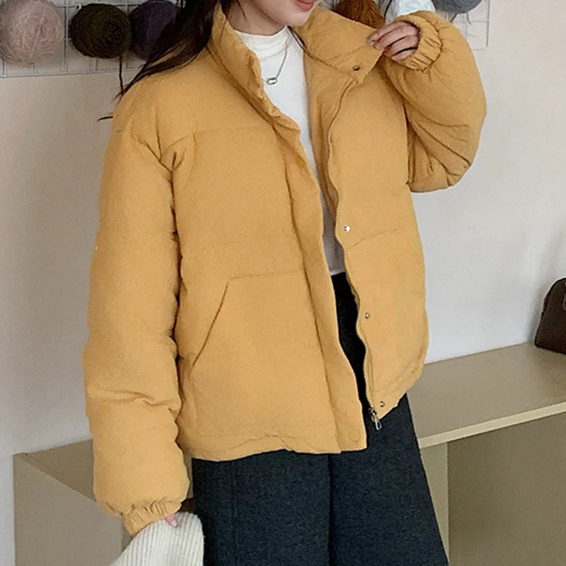 Aoaiiys Thicken Parkas Women Turtleneck Down Cotton Corduroy Jackets Simple Solid Single Breasted Outerwear Winter Clothes Woman