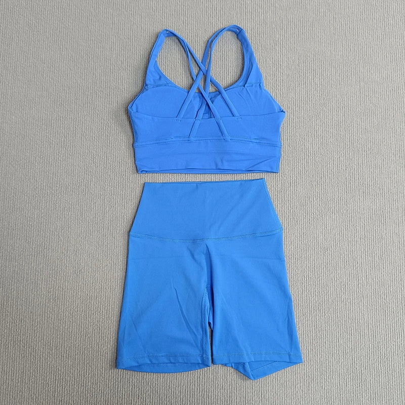2 Pieces Yoga Set Gym Sports Shorts Set Women Cross Back Bra Top High Waist Shorts Fitness Suit Running Workout Tracksuit - ATFH