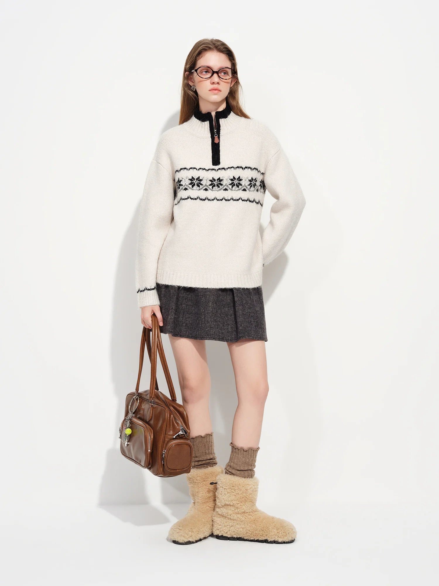 FSLE Vintage Fair Isle Jacquard Knit Sweater for Women 2025 Winter New Arrival Semi Open Front Zip-Up Pullover Winter Sweaters - ATFH