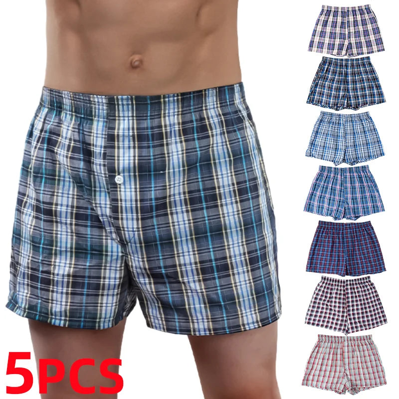 3/5/7 Pcs/lot Men Plaid Boxer Loose Shorts Underwear Casual Elastic Waistband Button Mens Boxer Underwear Woven Shorts for Home