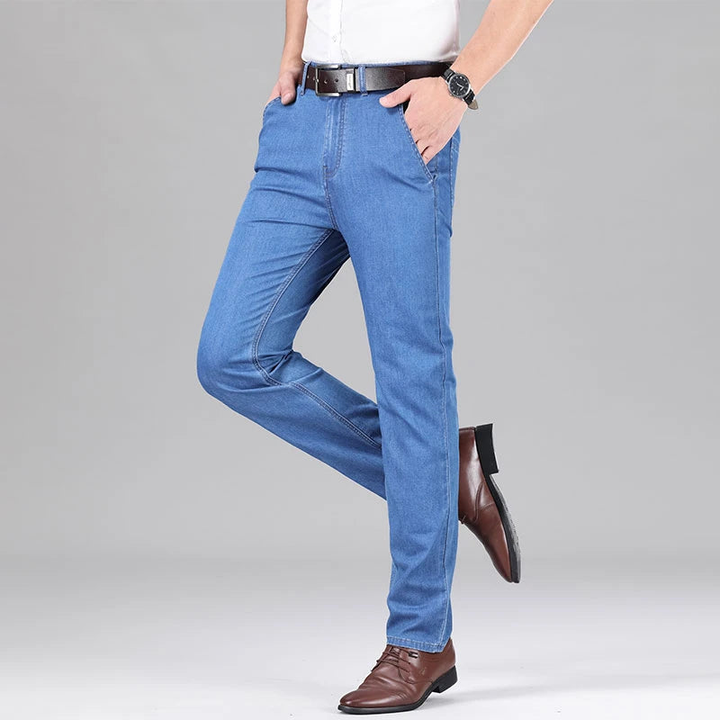New Lyocell Fabric Jeans Men Summer Thin Business Straight Leg Loose Trousers Men's Casual Long Pants Large Size ATFH