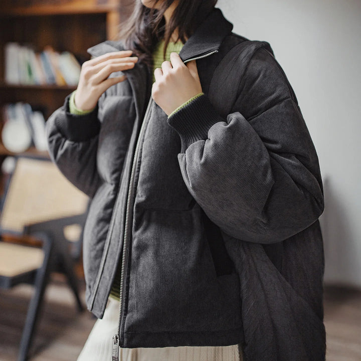 Maden Women Corduroy Down Jacket 90% Duck Down Warm Short Puffer Coat Knit Stand Collar Drawstring Hem Winter Thick Outerwear ATFH