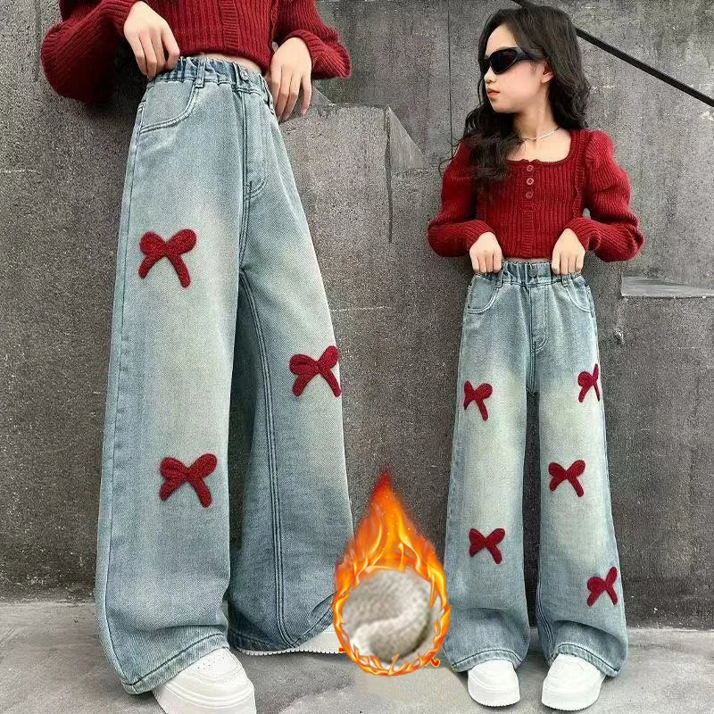 Girls Autumn Winter Plush Warm Denim Straight-leg Pants 5-14 Years Kids Fashion Bowknot Embroidery Jeans Casual Loose Sweatpants ATFH