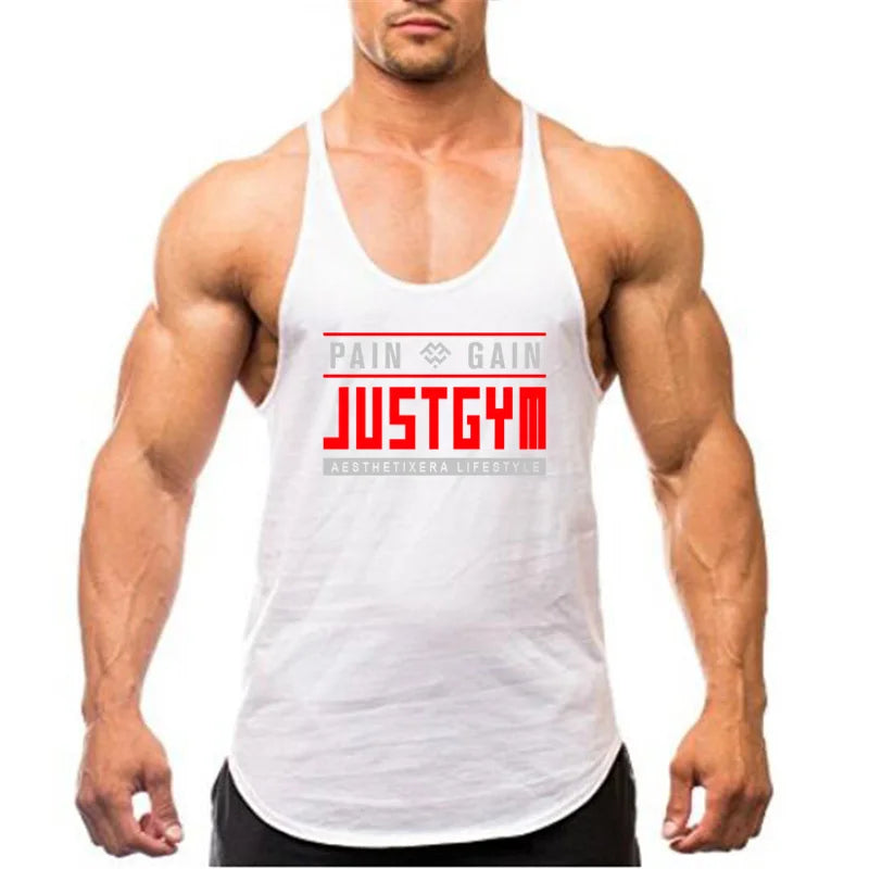 Men's Cotton JUST GYM Stringer Tank Tops Y-Back Training Vests Bodybuilding Sleeveless Shirt Muscle Workout Fitness Singlets