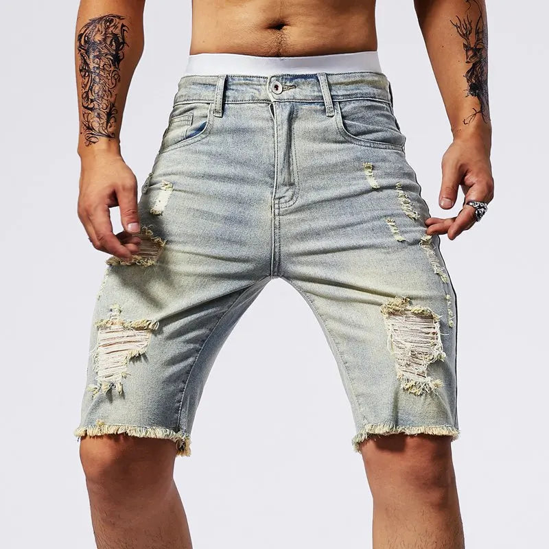 Summer Ripped Jeans Men Stretch Denim Shorts Male Short Jeans Slim Straight Shorts Fashion Black Jeans Man Clothes Streetwear ATFH
