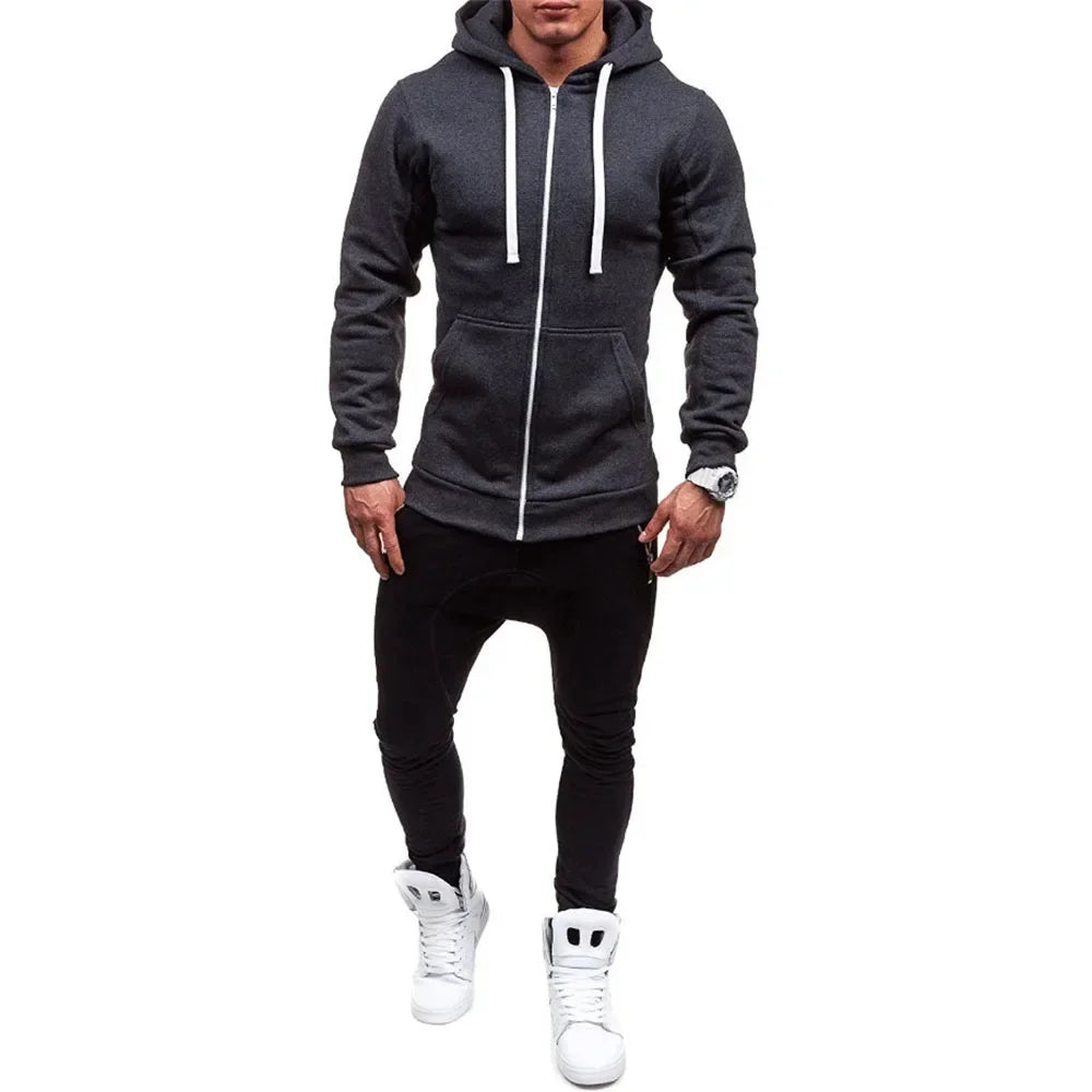 Casual Sweatshirt Zip Hooded Sweatshirt Jacket Mens Solid Colour Cardigan Hooded Jackets Spring Autumn Male Tops - ATFH