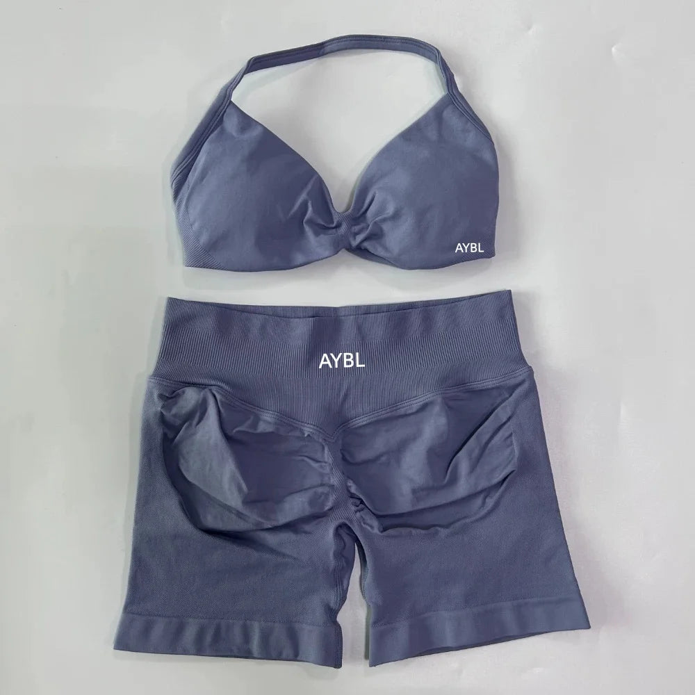 Trendy 2PCS Gym Set Women Strappy Yoga Bra Top High Waist Workout Scrunch Shorts Sports Suit Seamless Yoga Set Fitness Clothes Tahsi Fashion House