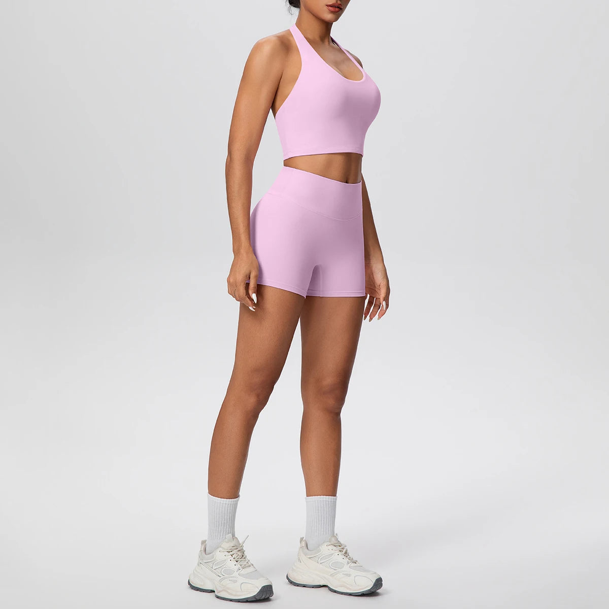 2picese Women Yoga Suit Solid Color High Waist Hip Push Up Fitness Shorts Sexy Pilates Backless Gym Hanging Neck Bra Yoga Set - ATFH