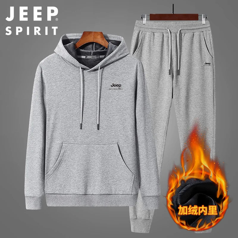 JEEP SPIRIT Suit Men Sweater Hoodie + Casual Trousers Sportswear Casual Autumn and Winter Plus Velvet Thick Warm Two-piece Set - ATFH