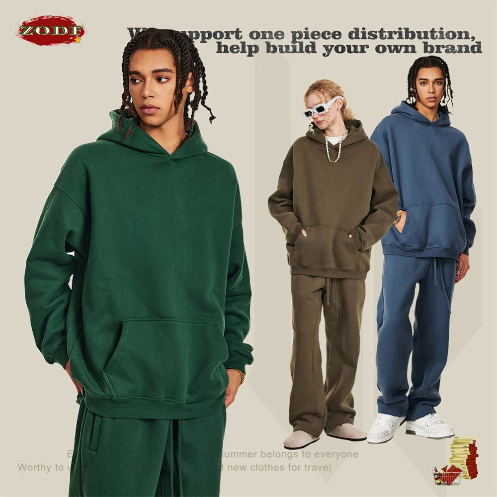 Autumn Winter Men 345gsm Fleece Hoodies Unisex Women Relax Fit Warm Solid Hooded Pullovers Sweatshirts HY0863 - ATFH