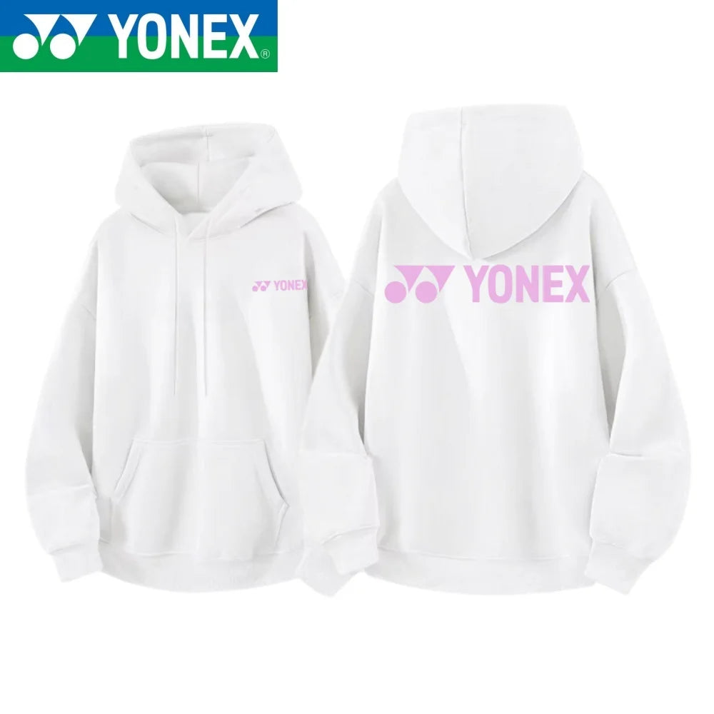 YONEX 2026 cotton hooded jacket with multi-color logos printed on the front and back, suitable for outdoor sports such as badmin