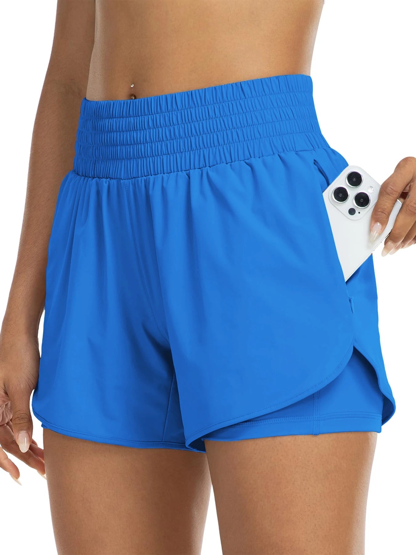 Women's high-waisted athletic shorts for running, yoga, layered design, anti-exposure, fitness, and workout with pockets Tahsi Fashion House