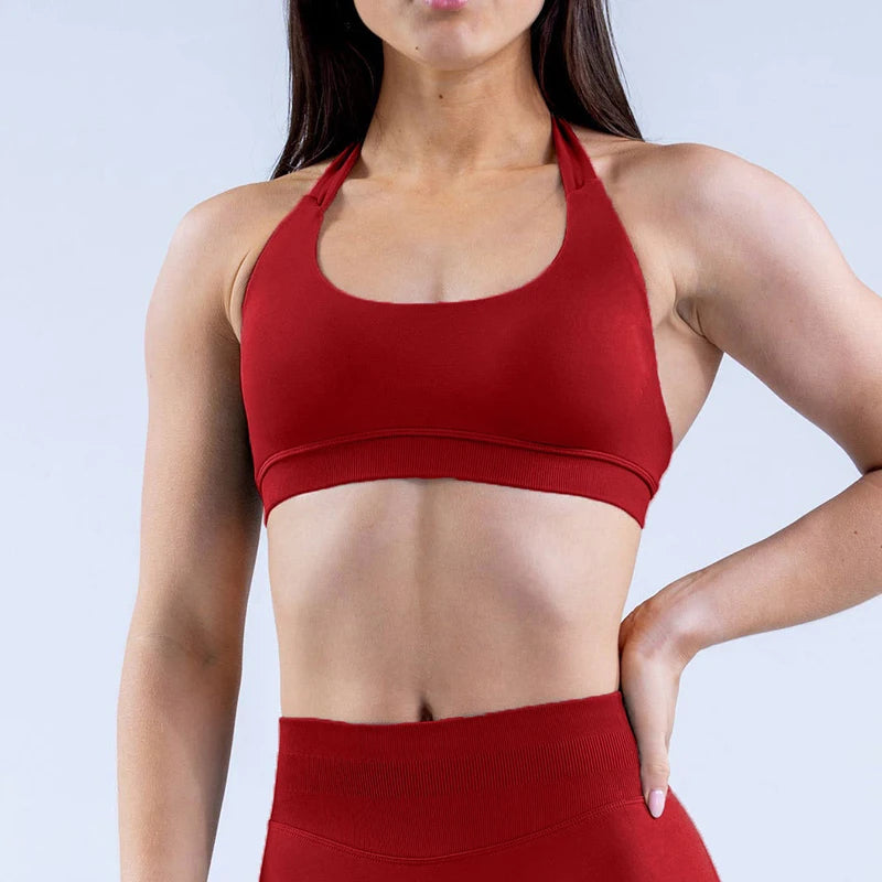 Impact Sports Bra Women Seamless Halter Neck Strap Yoga Bra With Padded Sexy Open Back Yoga Top Bra Medium Support Gym Crop Top - ATFH