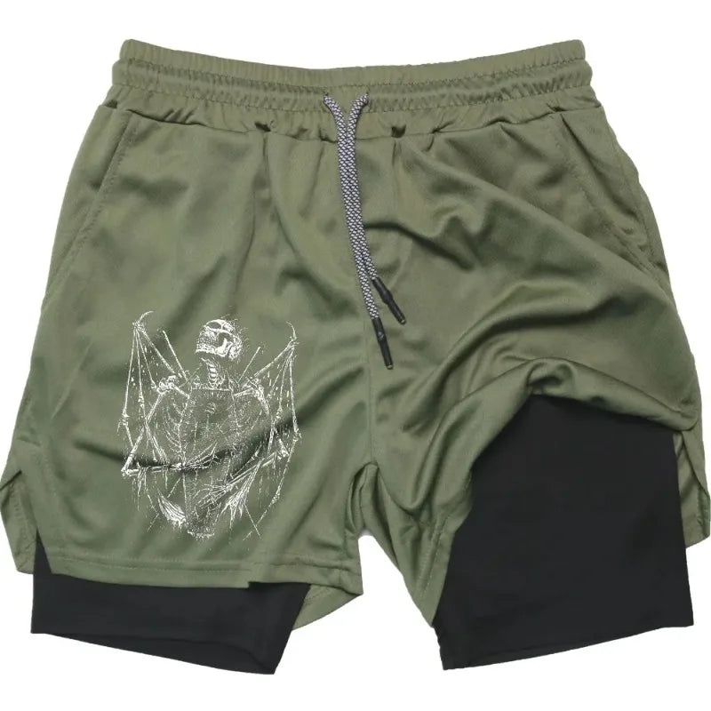 Shorts Men Quick-drying Fitness Skull Print Double Layer Shorts Workout Training Running Bodybuilding Sportwear