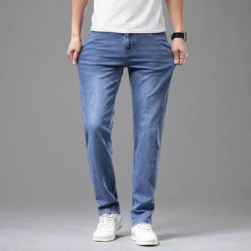 Summer Thin Men's Elastic Cotton Jeans Fashion Gray Comfortable Business Straight Casual Pants Brand Male Clothes Trousers ATFH