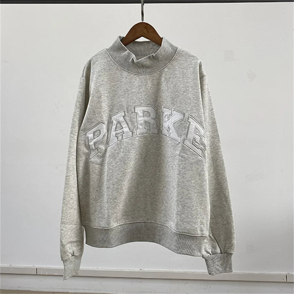 Letters Embroidery Women Cotton Gray Sweatshirts Spring New Stand Collar Ladies Long Sleeve Casual Sports Pullover Tops - ATFH