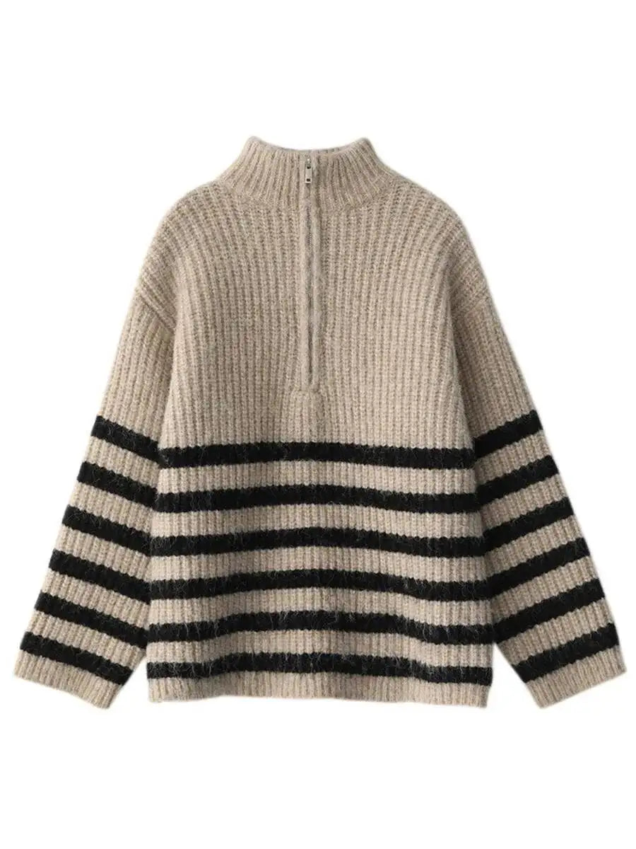 UMI MAO Women's Sweaters Turtleneck Zipper Contrast Stripe Jumpers Thickened Pullovers Warm Female Coat Autumn Winter - ATFH