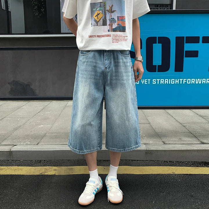 2026 American Street Retro Old Straight Denim Cropped Pants Men's Fattened Large Size Summer Casual Versatile Wide-leg Shorts ATFH
