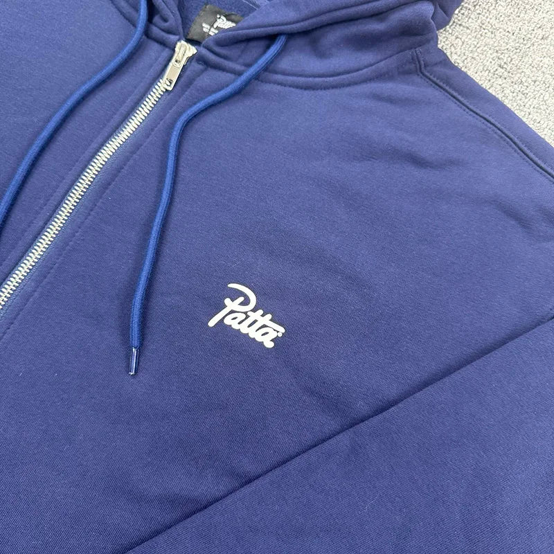 High Quality Cotton Men Women Couple Blue Black Gray Zipper Coats Hooded Simple Small Letters Logo Print PATTA Zip Hoodie Tag - ATFH