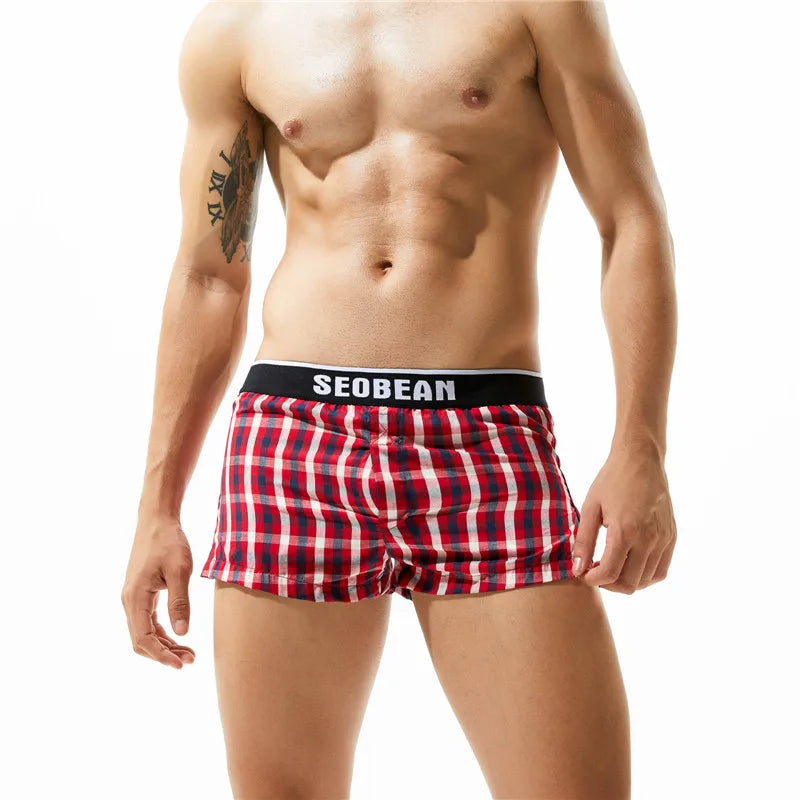 SEOBEAN Classic Plaid Mens Boxer Shorts 100% Cotton Underwear Boxershorts U convex Pouch Arrow Panties Shorts Men Sleep Bottoms