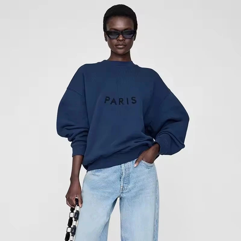 Grey Classic Letter Patch Embroidered Sweatshirt Women Soft Fleece Lining Crew Neck Long Sleeve Sweatshirts Female Autumn Winter - ATFH
