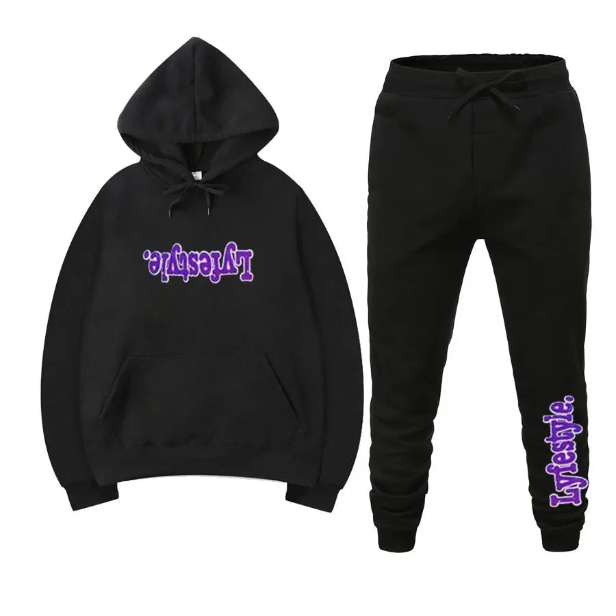 2026 autumn men's and women's trend loose hoodie set inverted print fashion two-piece fitness hoodie pants - ATFH