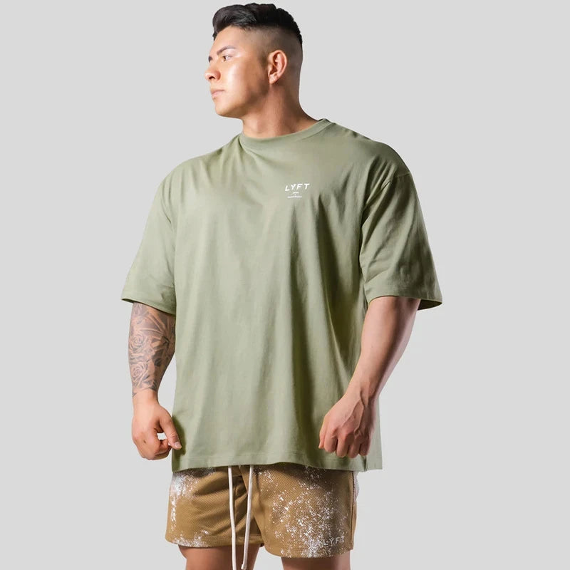 NEW LYFT Men Shirt Cotton Print Running T Shirt Loose Training Gym Bodybuilding Fitness Top Streetwear Sport Tees Short Sleeves ATFH