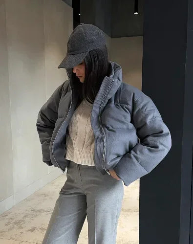 Fashion Grey Stand Collar Cotton Coat Solid Full Sleeve Zipper Loose Women Short Jacket 2025 New Winter Daily Street Outerwear ATFH