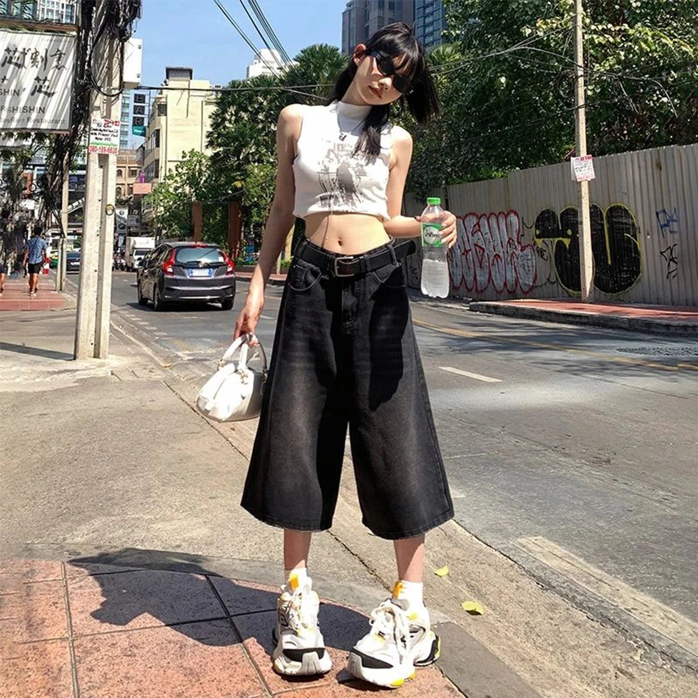 Summer American Style Vintage Women Baggy Jeans Y2k Loose Washed High Waist Knee Length Denim Pants Streetwear Wide Leg Shorts ATFH