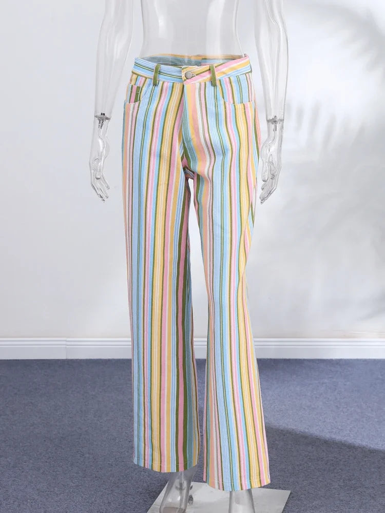 Colorful Striped Jeans Women's Low-Waist Pockets Wide-Leg Trousers 2026 Street Retro Multicolor Vertical Stripe Denim Pants ATFH