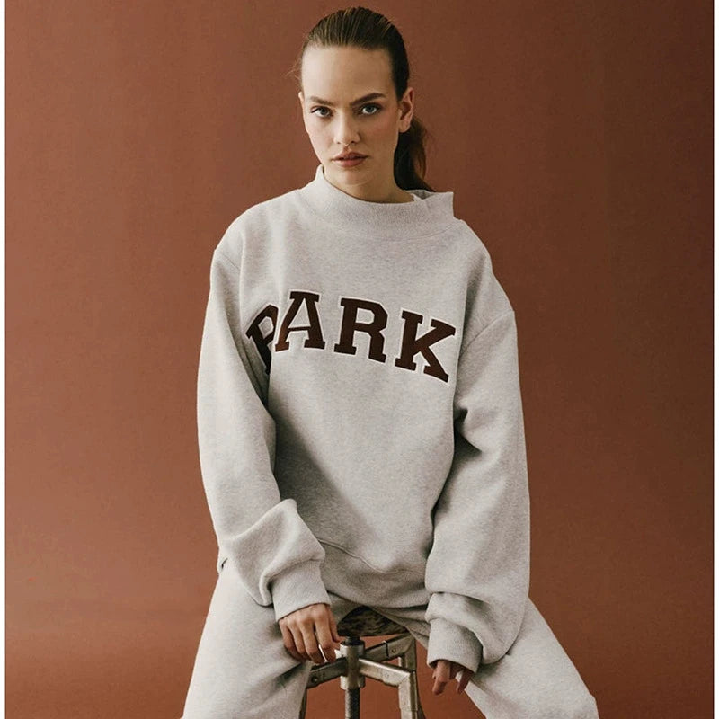 Pink Sweatshirt Women Comfortable Long Sleeve Sweatshirt Autumn Spring High Neck Loose Women's Letter Embroidery Hoodie Pullover - ATFH
